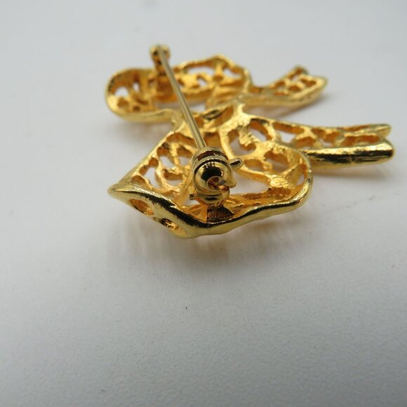 Vintage Ribbon Bow Gold Ton 1.5" Lacey Cut Out Brooch Pin - Picture 7 of 9